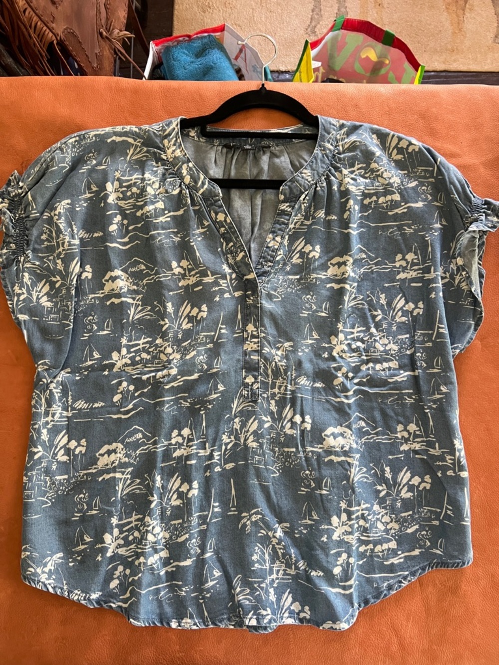 Zac & Rachel Blue Scenic Print Split-Neck Blouse- Lyocell perfect for summer!